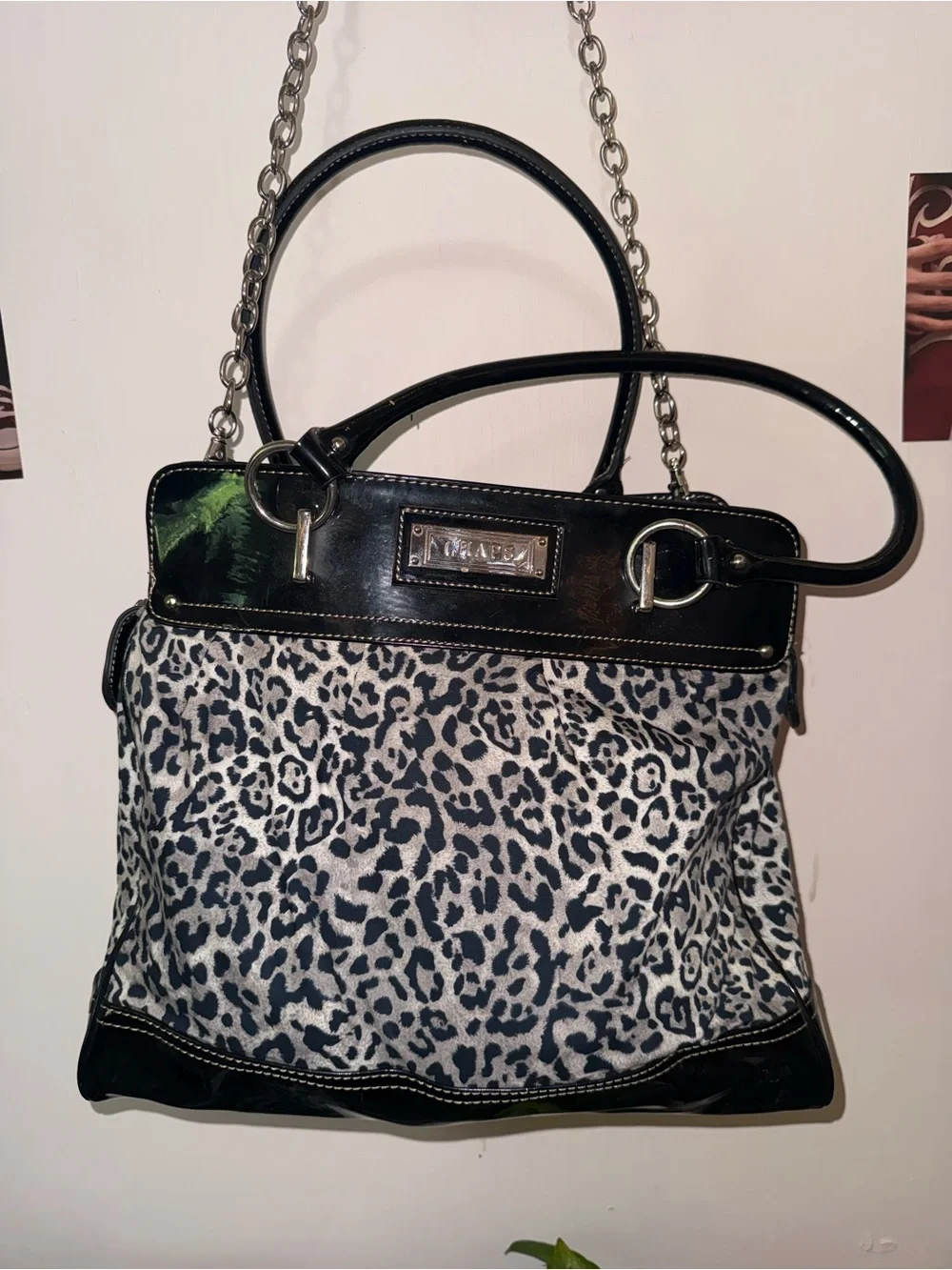 Vintage Chaps Snow Leopard & Patent Leather Shoulder Bag